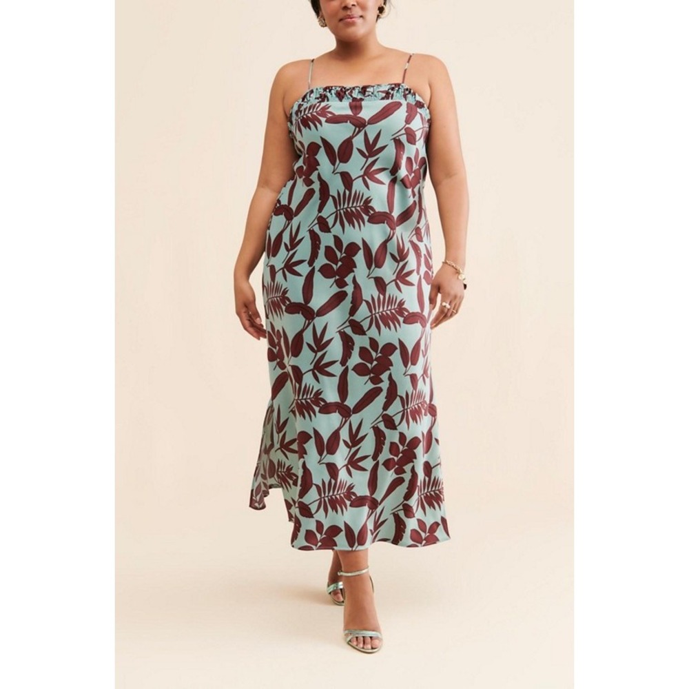 Anthropologie Maxi Slip Dress Size 1X Mint Green Brown Botanical Satin Leg Slit